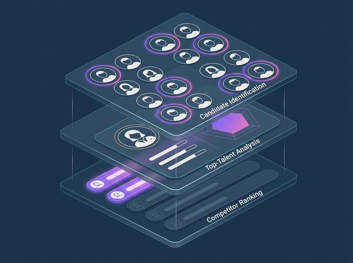 Diagram of OneForce's talent intelligence hub connecting candidate identification, top-talent analysis, and competitor talent ranking across engineering, sales, marketing, and product
